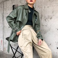 FTLZZ nowa wiosna jesień kobiety Faux PU skórzane casualowe w stylu Streetwear znosić skóra motocyklowa kurtka z paskiem zielona kurtka na rower 4
